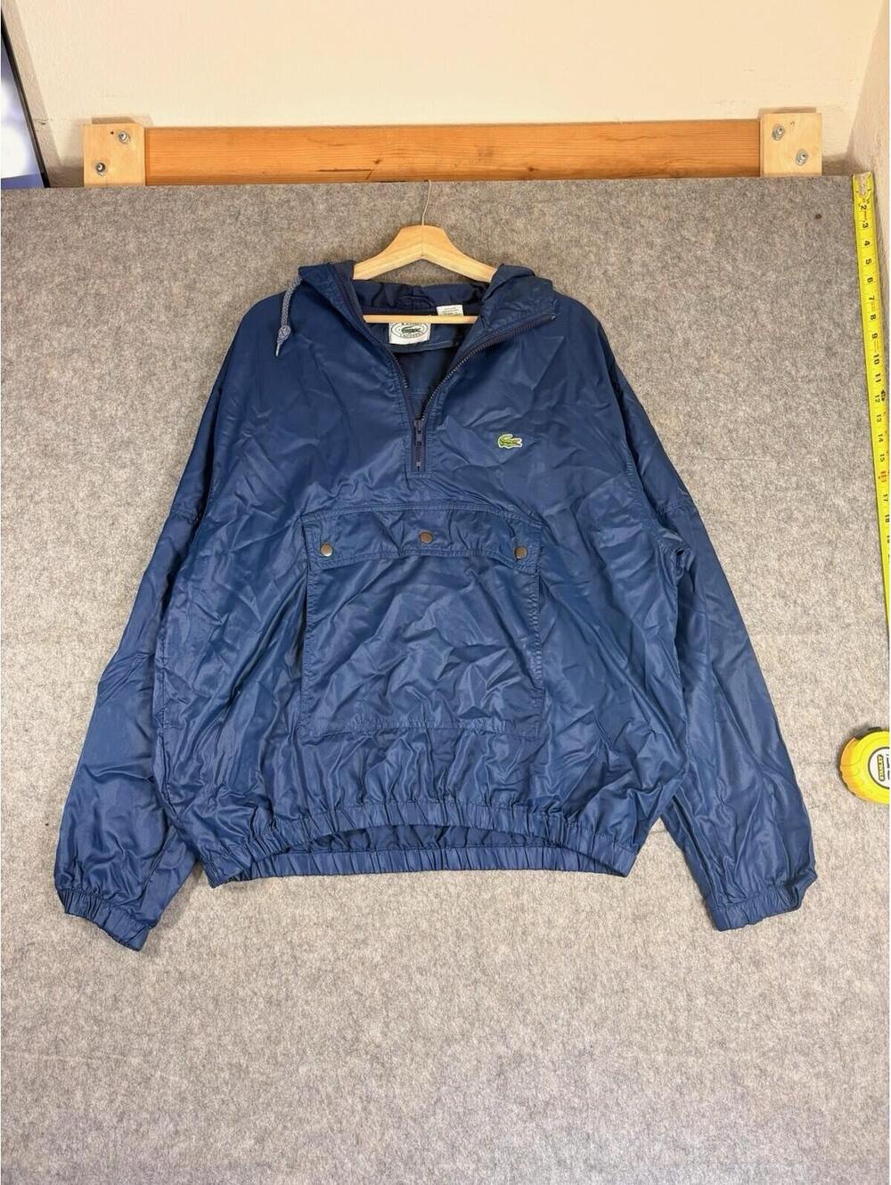 Vintage IZOD Lacoste Anorak Windbreaker Jacket Mens L Navy 1/2 Zip Hooded 90s